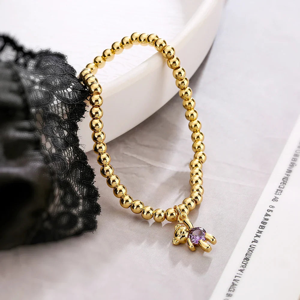 NEWBUY Trendy Gold Color Copper Beads Bracelets For Women White/Pink/Purple CZ Cute Bear Jewelry