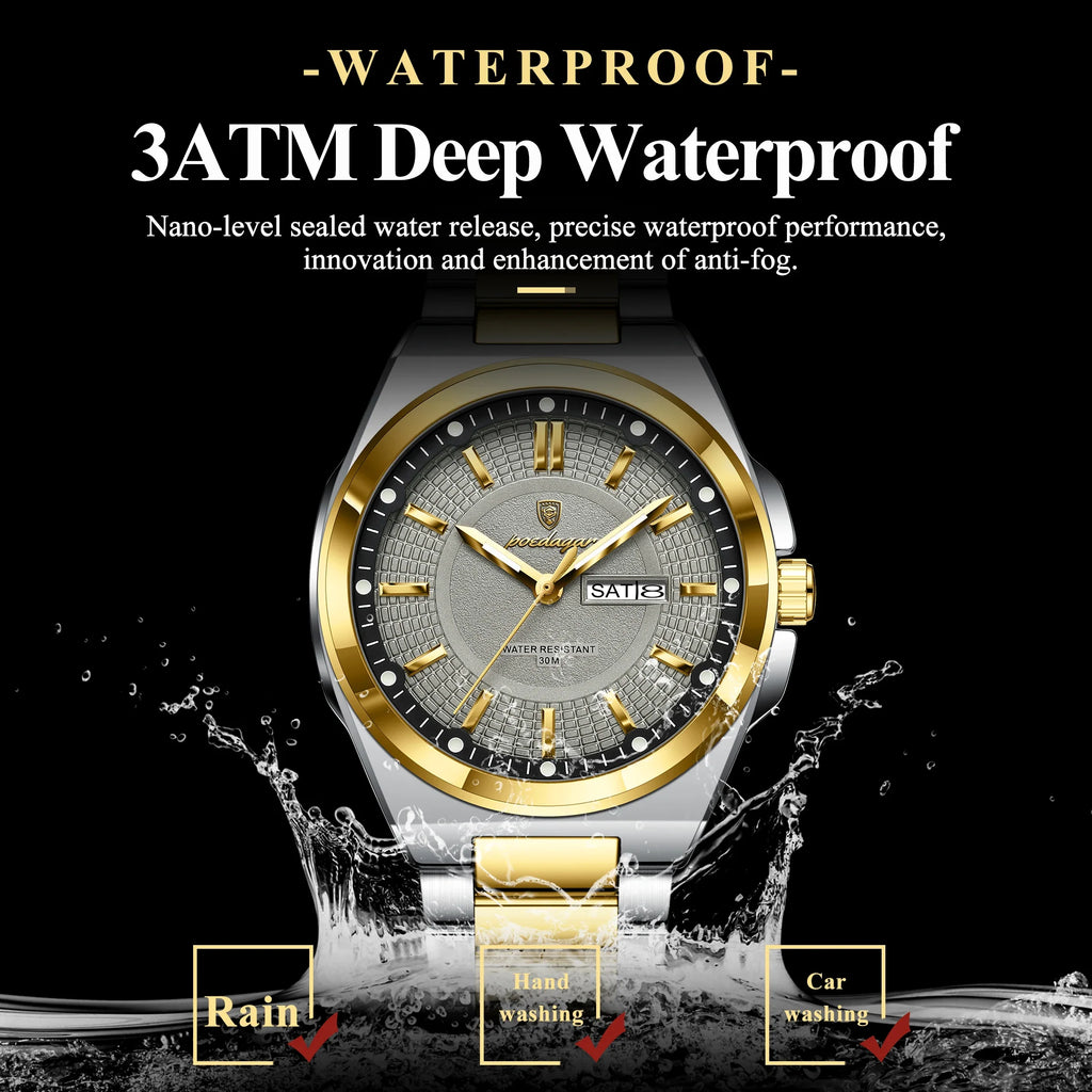 POEDAGAR Top Original Men's Watches Stainless Steel Waterproof Luminous Man Watch Date Week Classic Trendy Quartz Men Wristwatch