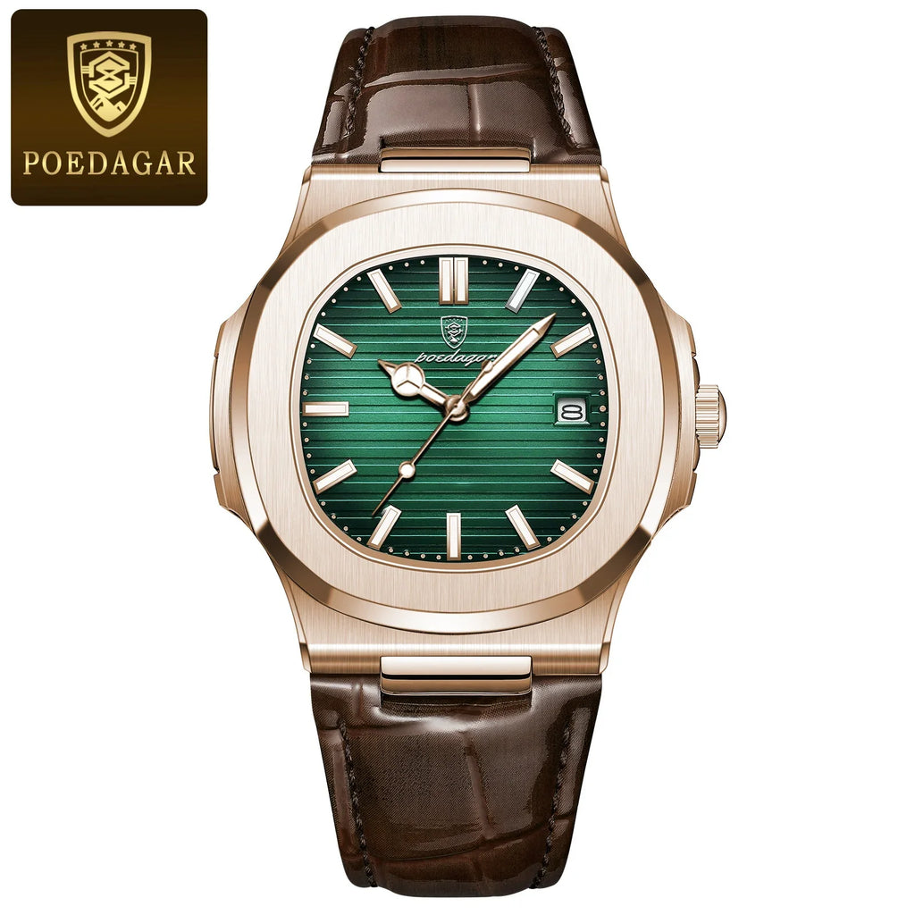 POEDAGAR Fashion Square Men's Watch Waterproof Luminous Date Business Man Wristwatch Casual Leather Quartz Watches For Men Reloj