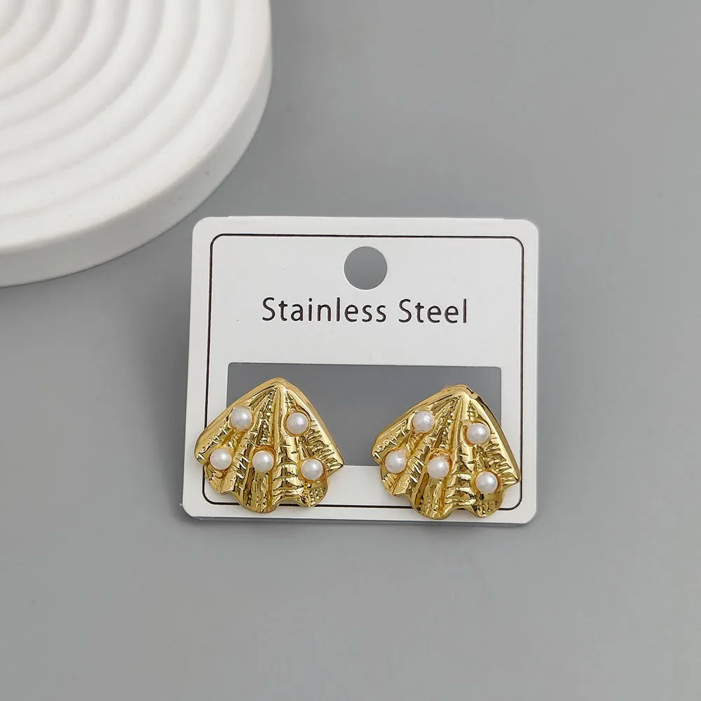 Creative heavy metal pearl shell stainless steel earrings, waterproof and rusty-free women's earrings, party jewelry