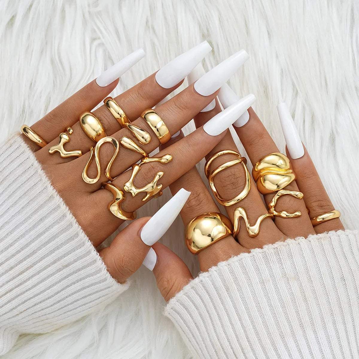 New 10Pcs/Set Irregular Smooth Rings Set for Women Geometric Exaggerated Gold Color Finger Rings Vintage Fashion Party Jewelry