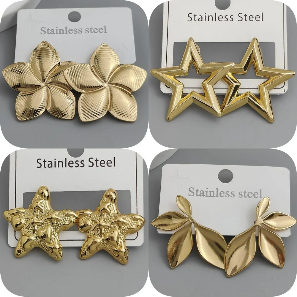 Creative heavy metal pentagonal star leaves stainless steel earrings, waterproof and rusty-free women's earrings, party jewelry