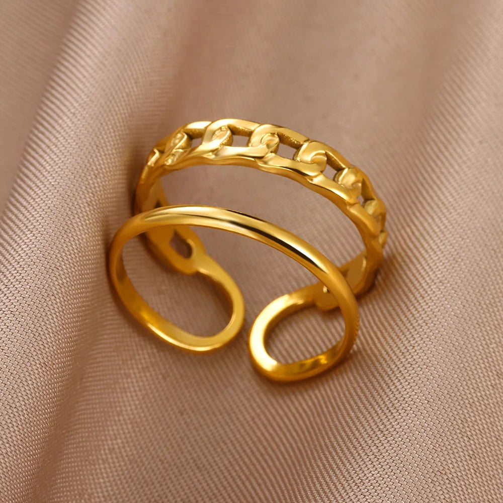 Stainless Steel Double Layer Rings for Women Vintage Hollow Out Geometric Finger Ring Fashion Jewelry Wedding Birthday Gift