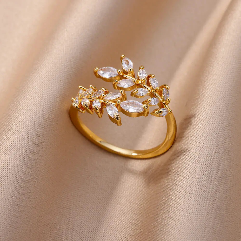Gold Color Cubic Zircon Rings For Women Open Stainless Steel Green Luxury Crystal Finger Ring Boho Jewelry Wedding Party Gift