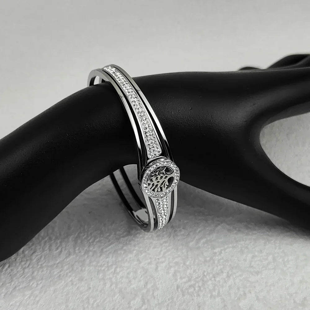 Luxury Stainless Steel Tree of Life Bangle for Women Men Crystal Zircon Bracelet Silver Gold Color Wrist Jewelry Accessories