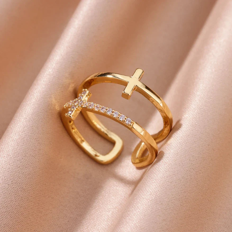 Zircon Chain Cross Rings For Women Vintage Gold Color Stainless Steel Geometric Open Ring Fashion Wedding Aesthetic Jewelry Gift