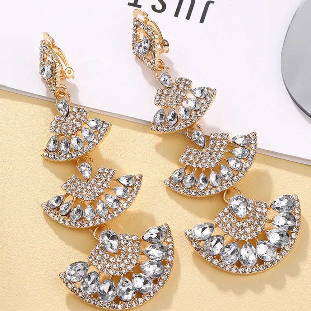 Vintage White Crystal Drop Earrings for Women Oversize Long Sector Geometric Dangle Earrings Statement Jewelry