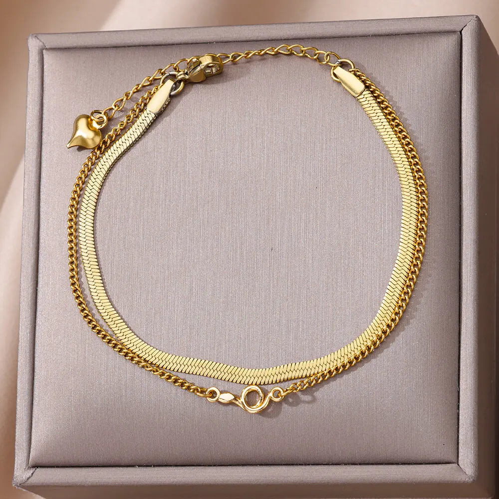 Zircon Circle Bead Anklets For Women Gold Color Stainless Steel Anklet Double Snake Chain Summer Beach Accessories Jewelry Gift