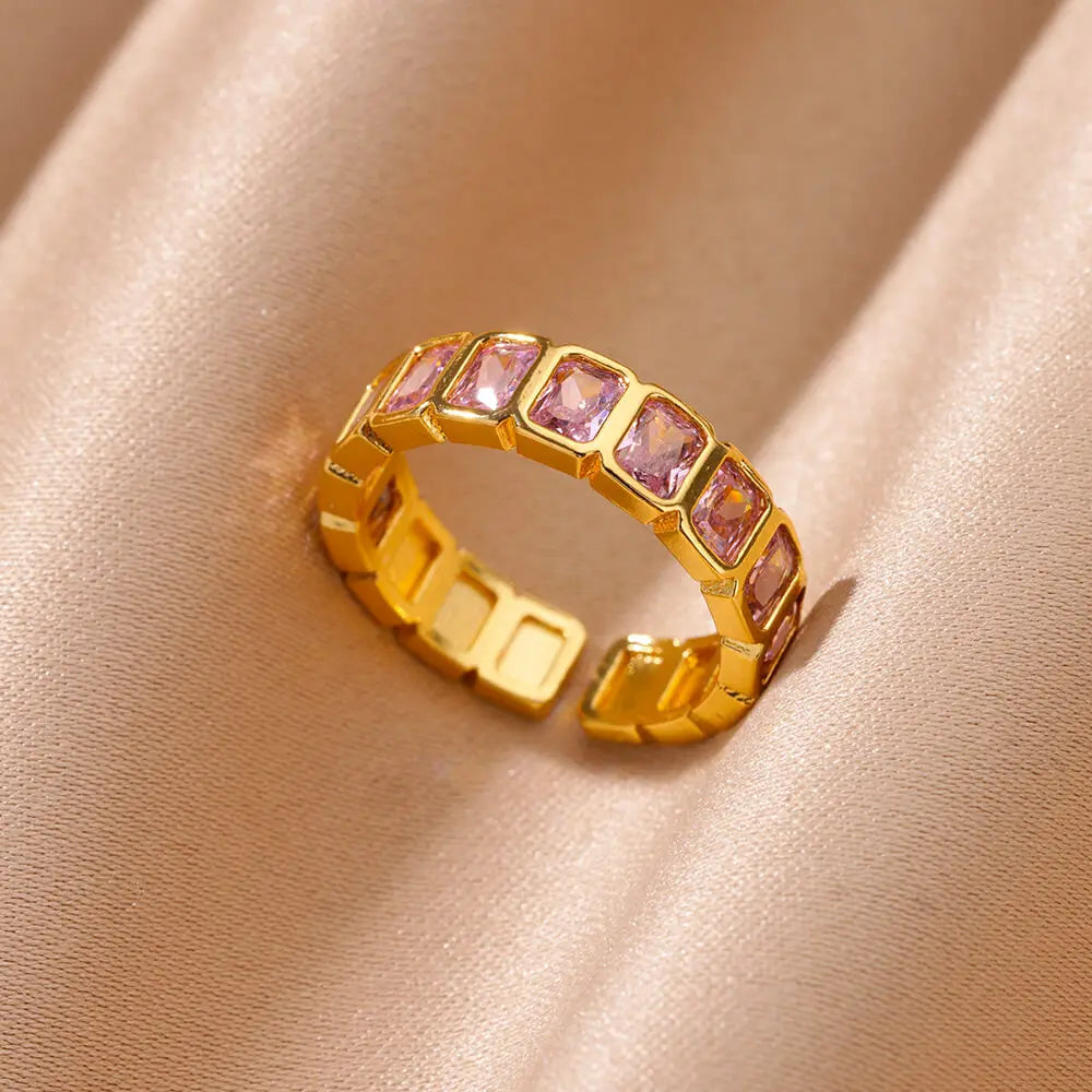 Colored Zircon Rings for Women Gold Color Stainless Steel Adjustable Ring 2024 Trend Wedding Engagement Jewelry anillos mujer