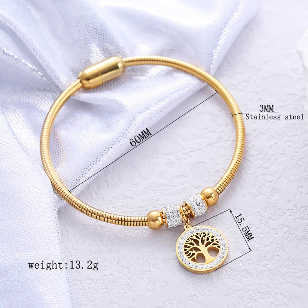 Luxury Stainless Steel Tree of Life Bangle for Women Men Crystal Zircon Bracelet Silver Gold Color Wrist Jewelry Accessories