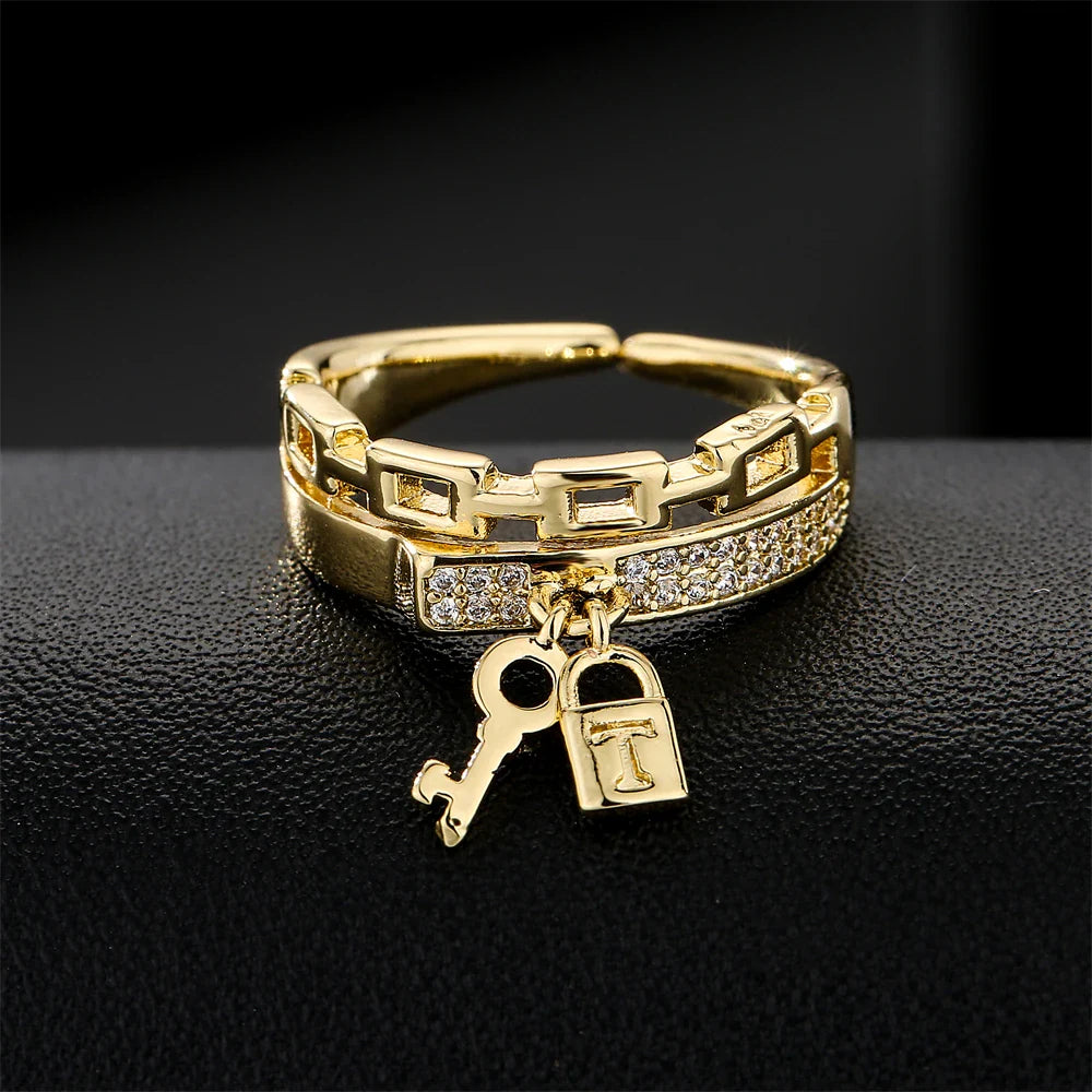 NEWBUY Fashion Gold Color Copper Wedding Jewelry Luxury AAA CZ Zircon Lock & Key Charm Finger Ring Adjustable For Women Girl