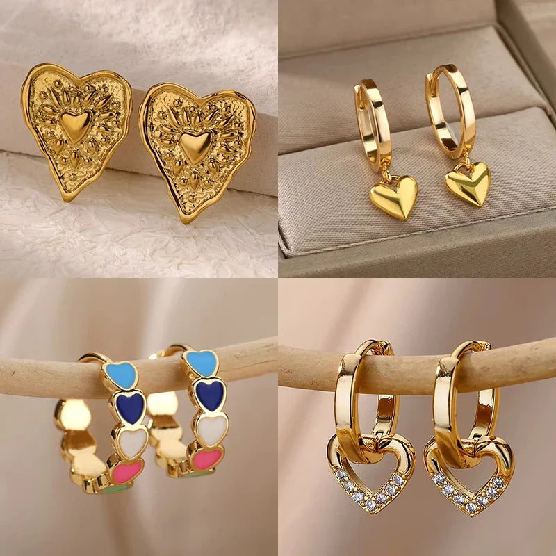 Stainless Steel Irregular Heart Texture Stud Earring for Women Gold Color Heart Wedding Aesthetic Earring Jewelry Accessories