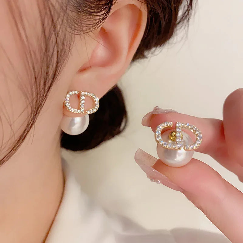Plated Silver Needle Zircon Letter Pearl Earrings French Luxury Sensation High-End Jewelry Women's Earring Accessor