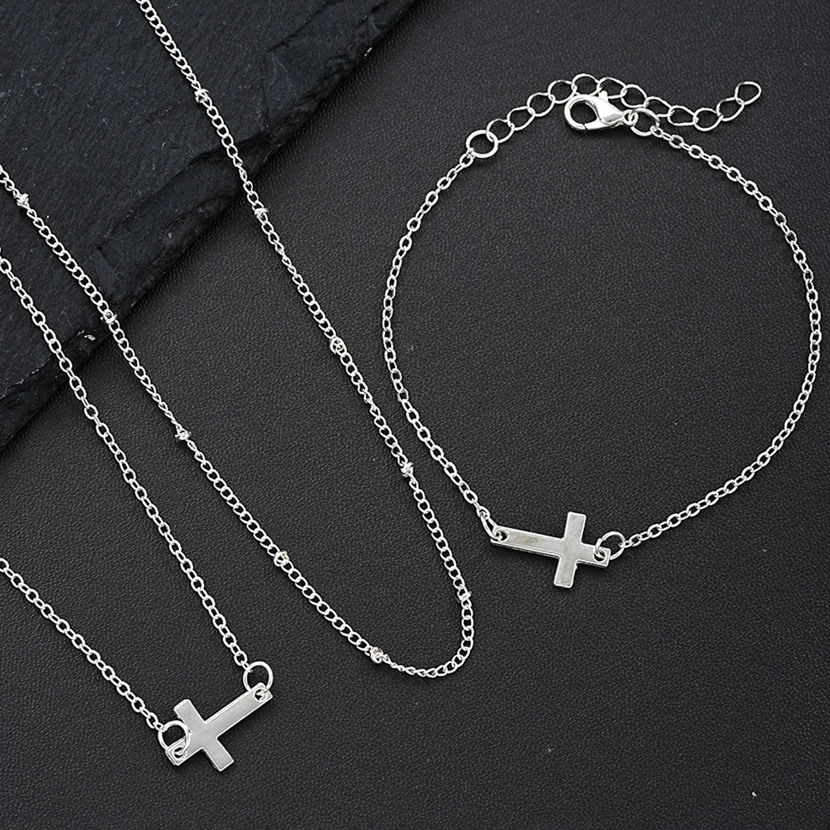 Vintage Gold Color Metal Cross Pendant Necklace Bracelet Jewelry Set for Women Simple Minimalist Match Daily Wear Accessories