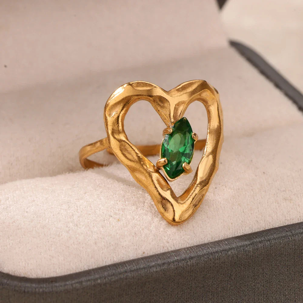 Green Cubic Zircon Heart Rings For Women Vintage Gold Color Stainless Steel Open Ring Fashion Aesthetic Jewelry Wedding Gift