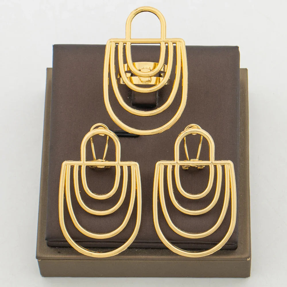 New Design Gold Color Earrings with Ring Jewelry Set for Party African Clip Earrings and Cocktail Ring 2Pcs Set for Weddings