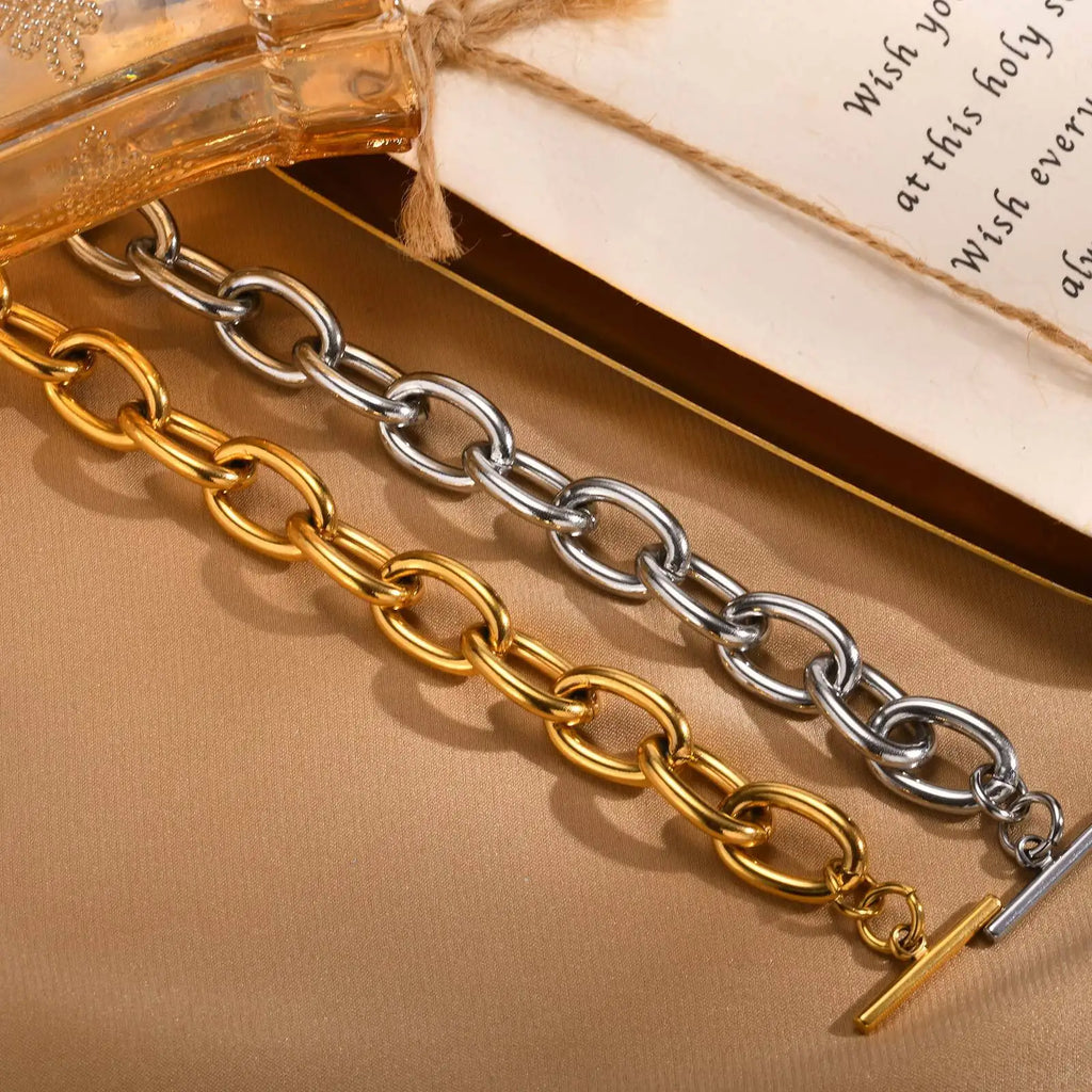 Chunky Bold Toggle Bracelets for Women, Stainless Steel OT Buckle Link Chain Bracelet Gold Plated Tarnish Free