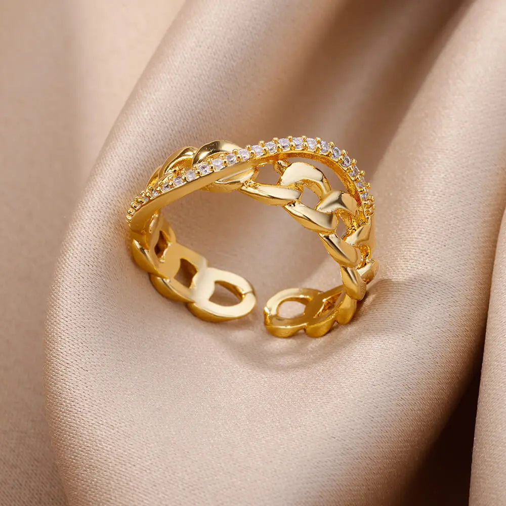 Zircon Chain Cross Rings For Women Vintage Gold Color Stainless Steel Geometric Open Ring Fashion Wedding Aesthetic Jewelry Gift