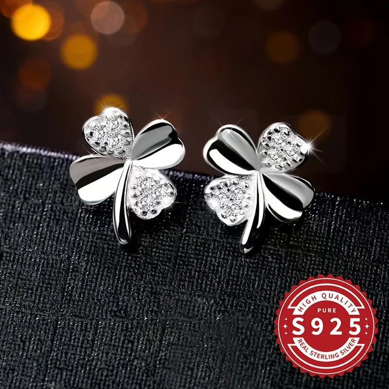 Pair of Women's Shiny Lucky Four-Leaf Petal Earrings 925 Silver Classic Simple Design Elegant Cute Versatile for Daily Wear Gift