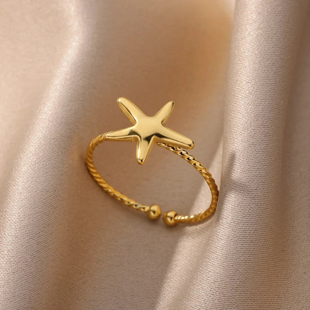 Gold Color Stainless Steel Shell Rings For Women Vintage Oval Blue Stone Adjustable Ring Fashion Party Jewelry Anniversary Gift