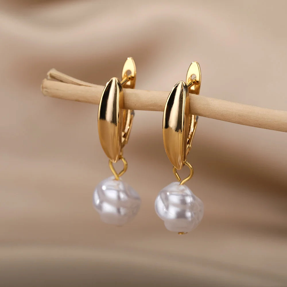 Fashion Circle Imitation Pearl Drop Earrings for Women Gold Color Stainless Steel Round Geometric Hoop Earring Wedding Jewelry