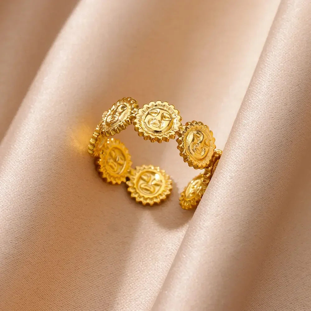 Vintage Sun Rings For Women Gold Color Stainless Steel Sun Ring Wedding Couple Aesthetic Fashion Wedding Christmas Jewelry Gift
