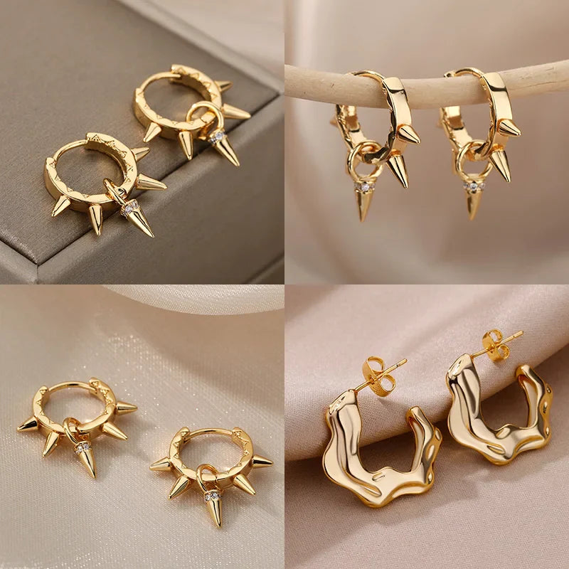 Punk Spike Rivet  Stainless Steel Earrings For Women Gold Color Earring Gothic Christmas Party Jewelry Gift Bijoux Femme