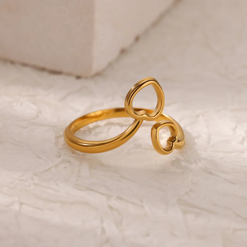 Double Heart Rings For Women Gold Color Stainless Steel Open Adjustable Ring Female Fashion Party Wedding Aesthetic Jewelry Gift