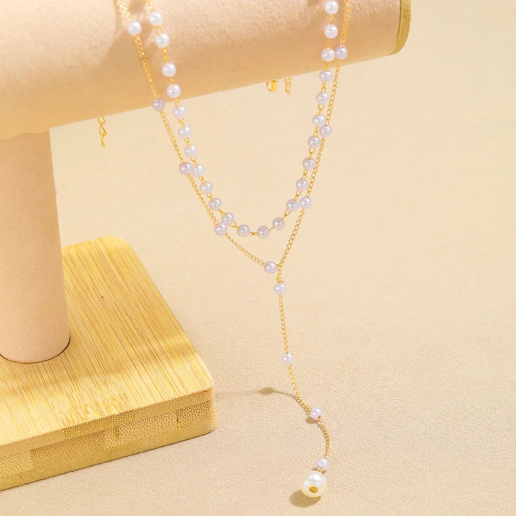 Korean Fashion Imitation Pearl Double Layered Choker Big Ball Bead Pendant Tassel Necklace Women's Sexy Party Body Jewelry