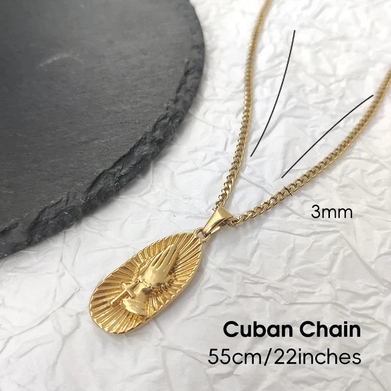 Hip Hop Praying Hands Necklace - Christian Buddhism Jewelry for Men Women | Gold Plated Stainless Steel Religious Gift