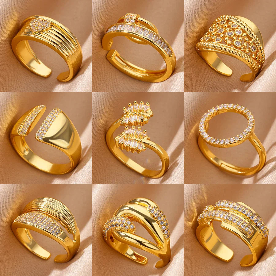 Zircon Geometric Rings For Women Luxury Stainless Steel Gold Color Open Ring Trendy Wedding Party Aesthetic Jewerly Gift Femme