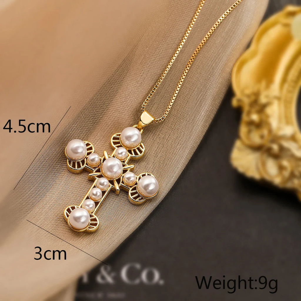 NEWBUY Classic Design Cross Pendant Gold Color 316L Stainless Steel Chain Necklace For Women Luxury Pearl Jewelry