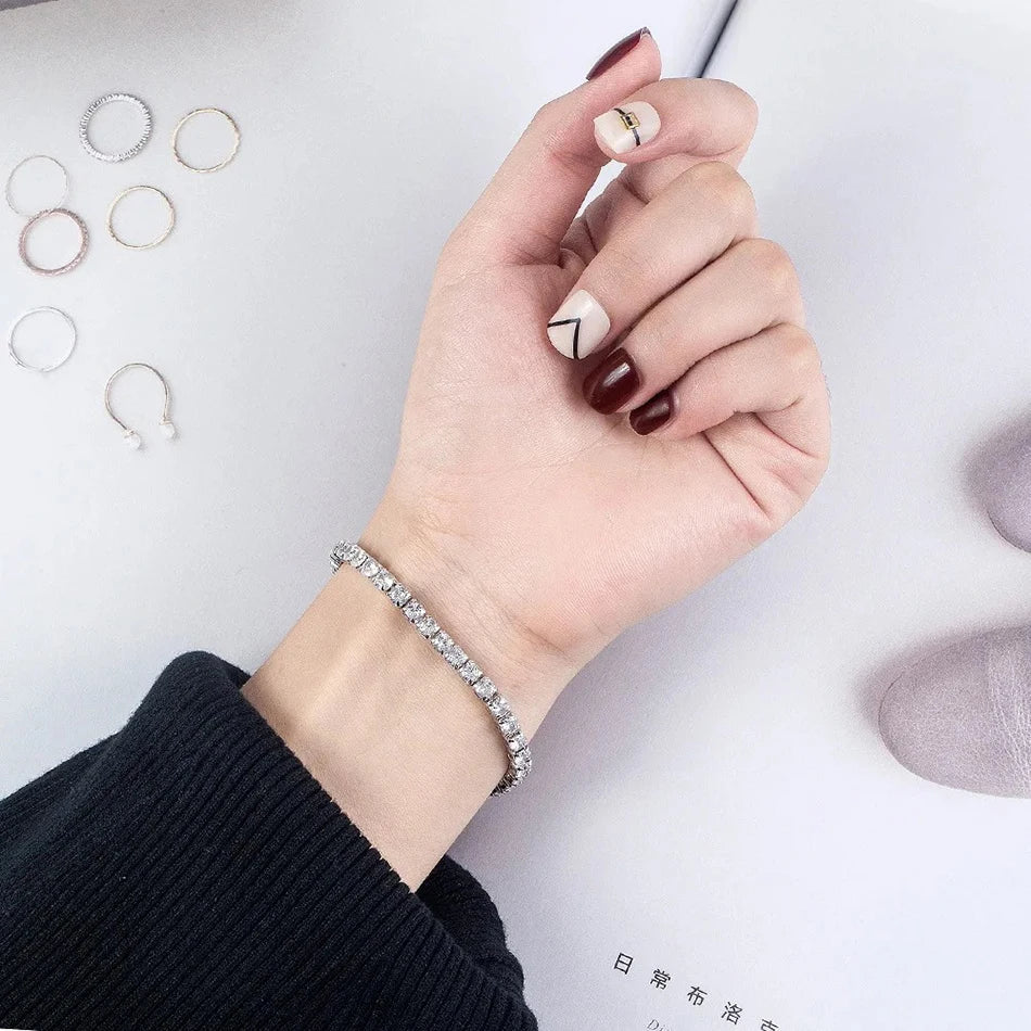 ALIZERO S925 Sterling Silver Bracelet Zirconia Tennis Ball Women Fashion Simple Engagement Wedding Charm Jewelry 4mm 16-23cm