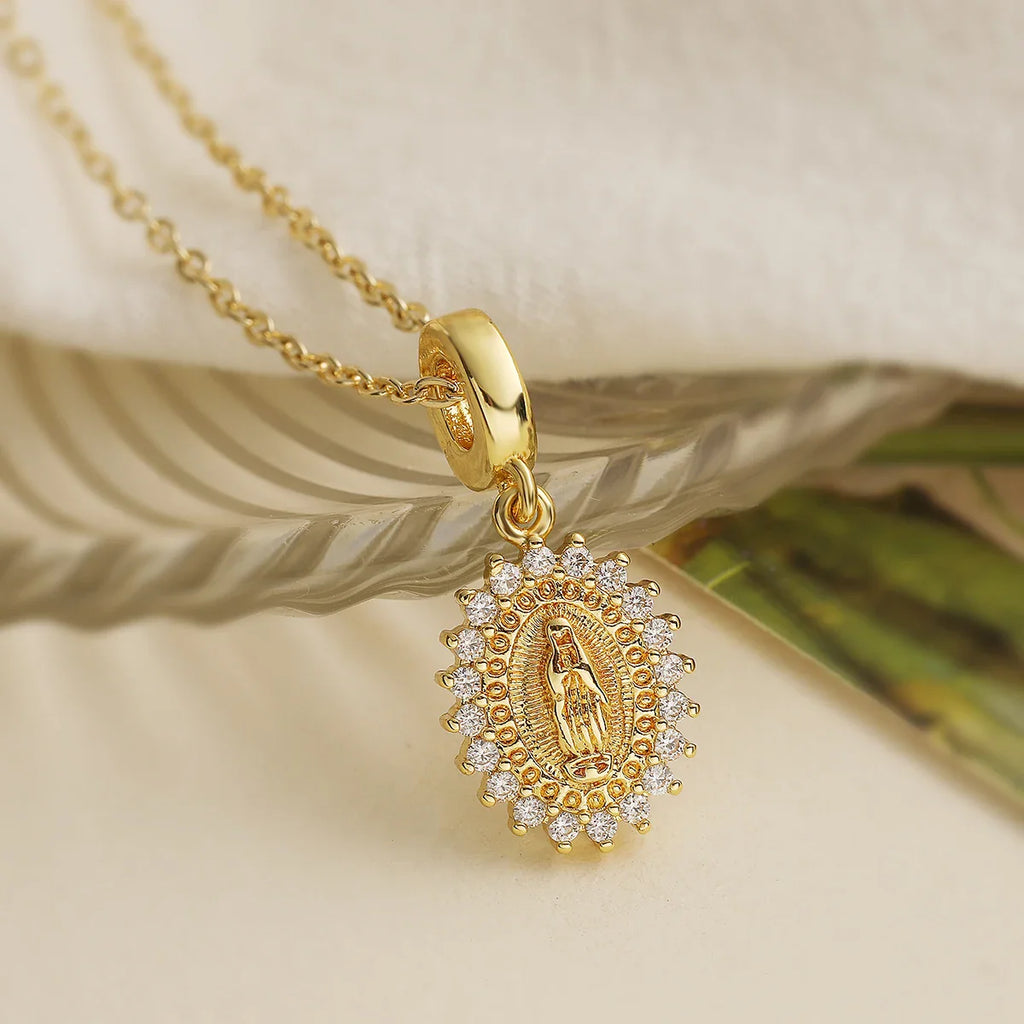 NEWBUY Trendy Gold Color Shiny AAA CZ Zircon Virgin Mary Pendant Necklaces For Women Gift