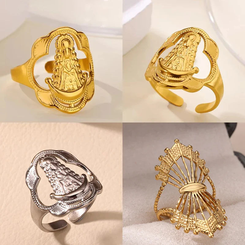 Vintage Virgin Mary Open Ring For Women Stainless Steel Gold Color Religious Ring Jesus Christian Jewelry Party Gift ﻿