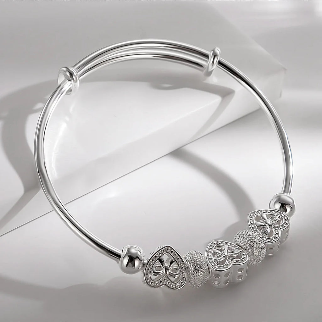 Wholesale Fine 925 Sterling Silver Bangles Bracelet Charms Heart Open for Women Lady Jewelry Adjustment Cuff Wedding Gift