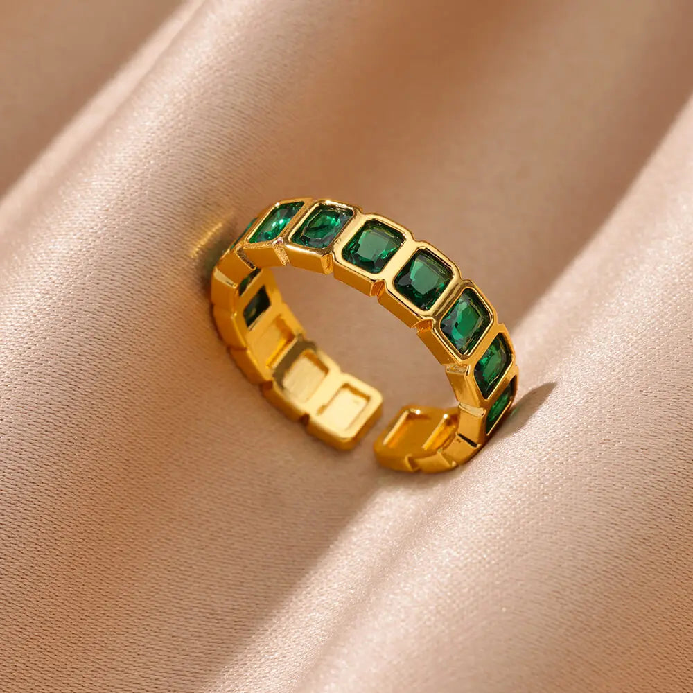 Green Cubic Zircon Heart Rings For Women Vintage Gold Color Stainless Steel Open Ring Fashion Aesthetic Jewelry Wedding Gift