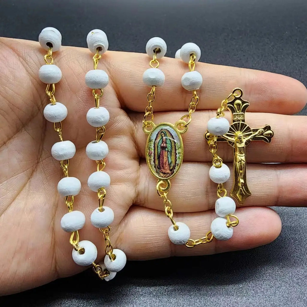 White Wooden Rosary Necklace For Women Crucifix Cross Pendant Long Chain Necklace Men  Religious Catholic Prayer Jewelry