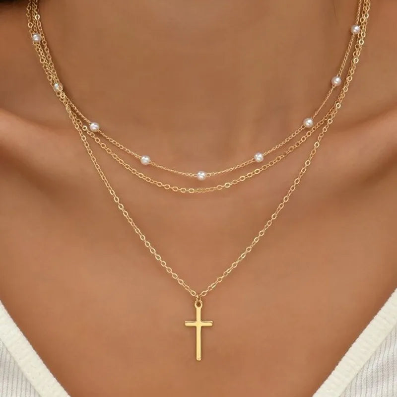 Vintage Gold Color Metal Cross Pendant Necklace Bracelet Jewelry Set for Women Simple Minimalist Match Daily Wear Accessories