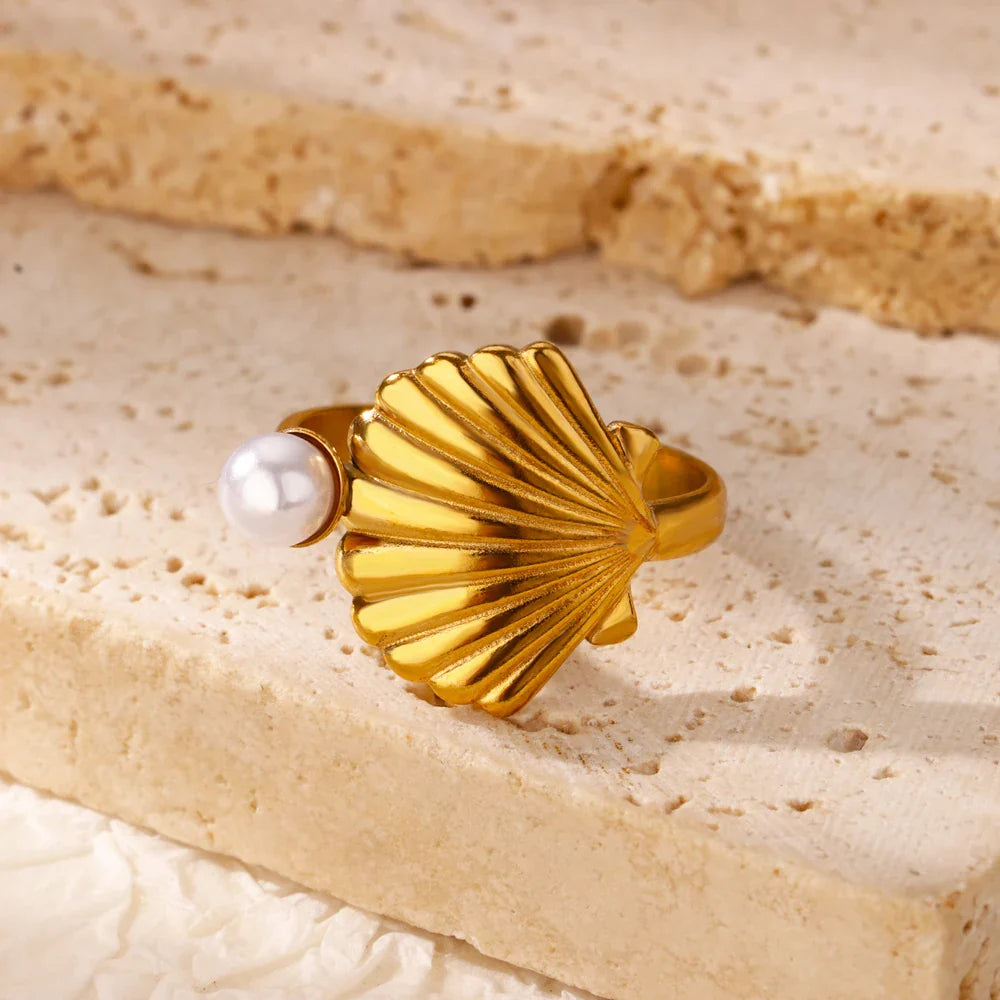 2025 Freshwater Anillos Stainless Steel Pearl Starfish Shell Rings For Women Punk Gold Color Vintage Waterproof Beach Jewelry