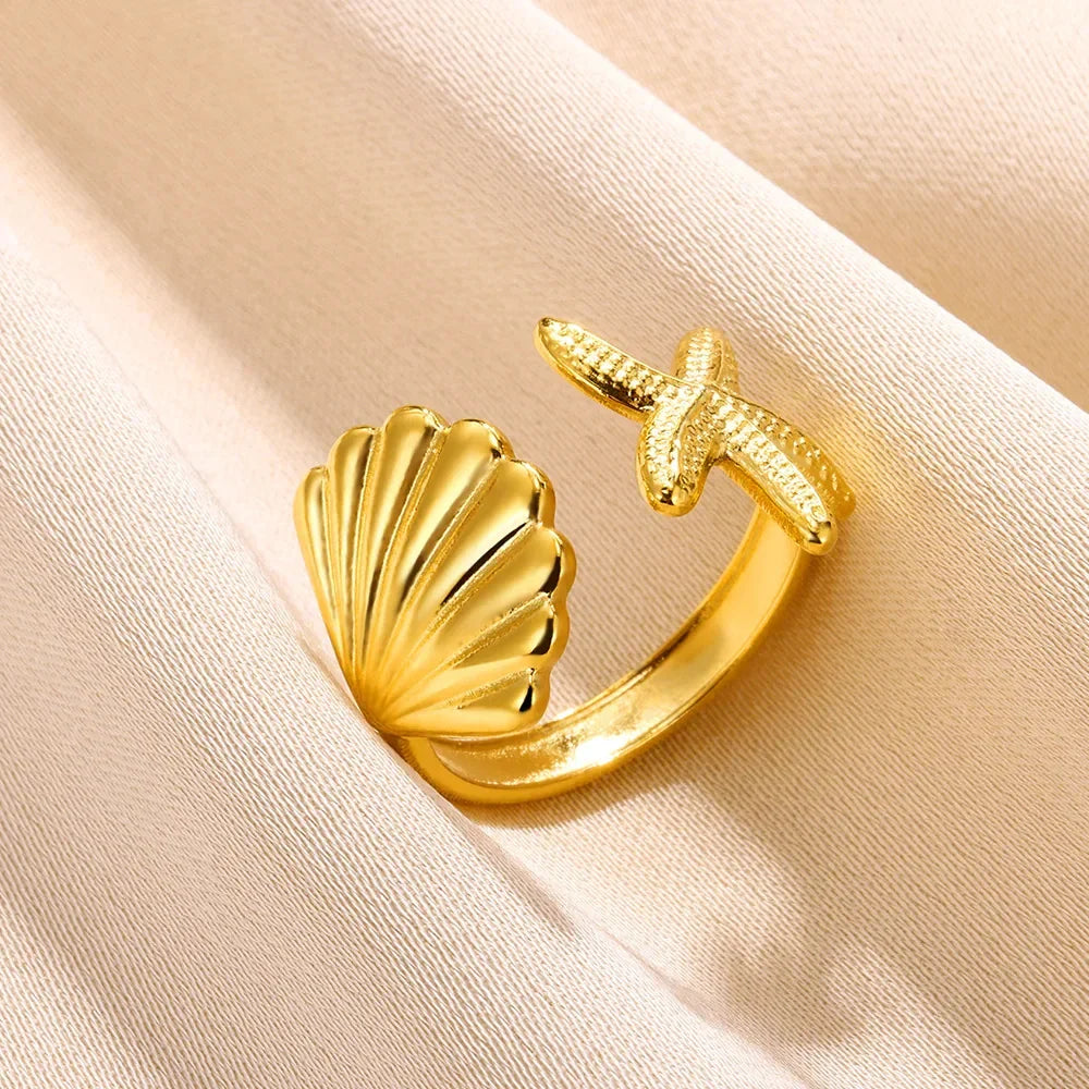 Stainless Steel Flower Rings for Women Gold Color Shell Starfish Multi Layer Hollow Out Ring Fashion Charm Jewelry Wedding Gifts