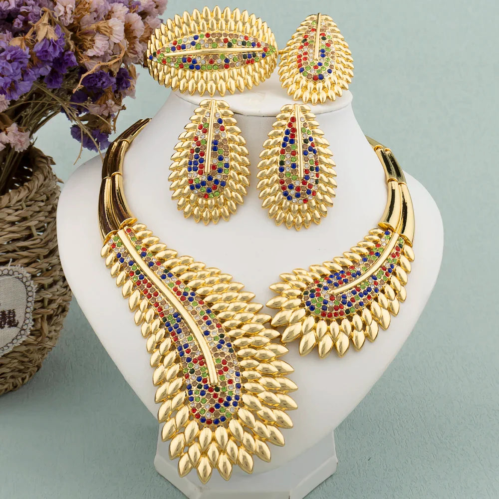 Trendy Colorful Jewelry Set for Women Zircon Collor Earrings and Necklace Large Gold Plated Bracelet Ring New Style Jewelry Gift