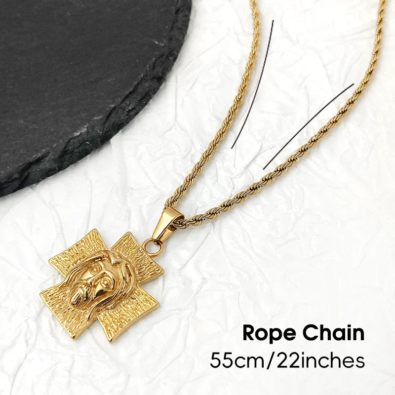 18K Gold Plated Jesus Face Cross Pendant Necklace Religious Charm for Men Women Faith-Inspired Jewelry Christian Gift