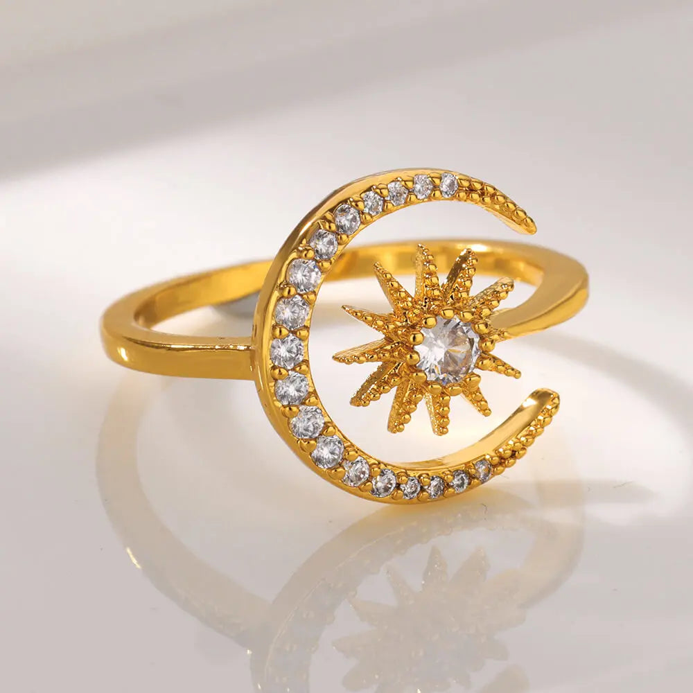 Gold Color Stainless Steel Geometric Rings for Women Zircon Heart Sun Moon Open Ring Fashion Aesthetic Jewelry Wedding Gift