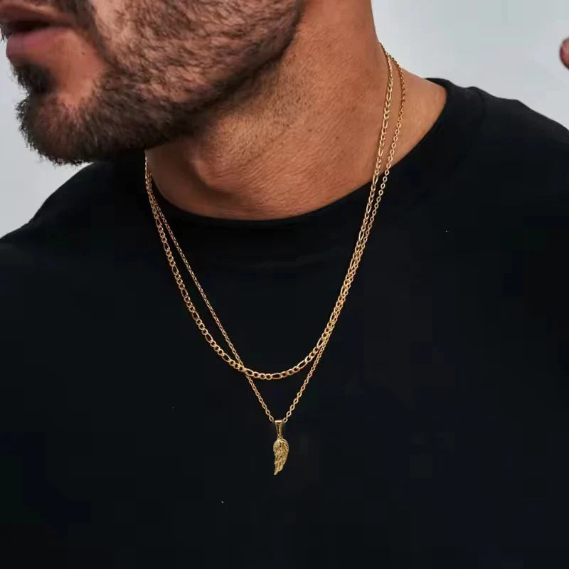 18K Gold Plated Angel Wing Pendant Necklace - Vintage Feather Design for Men, Stainless Steel Chain Jewelry Gift