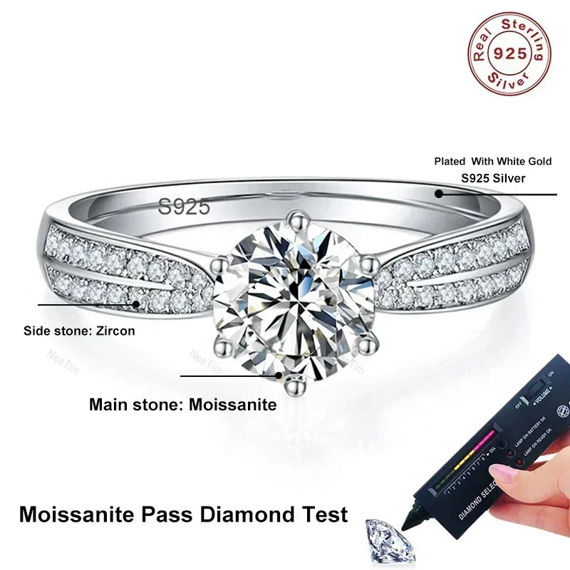 NeeTim 0.5ct 1ct Moissanite Engagement Ring Women Proposal Rings S925 Sterling Silver with White Gold Plated Wedding Band