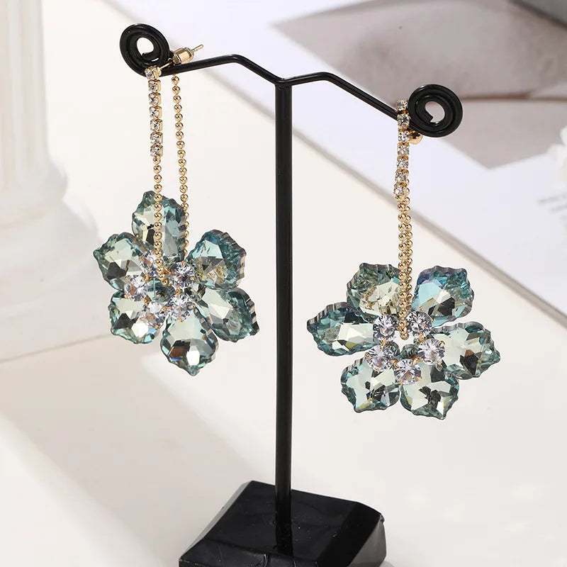 2025 New Colorful Purple Crystal Flower Dangle Drop Earrings for Women Trend Korea Fashion Luxury Wedding Party Banquet Jewelry