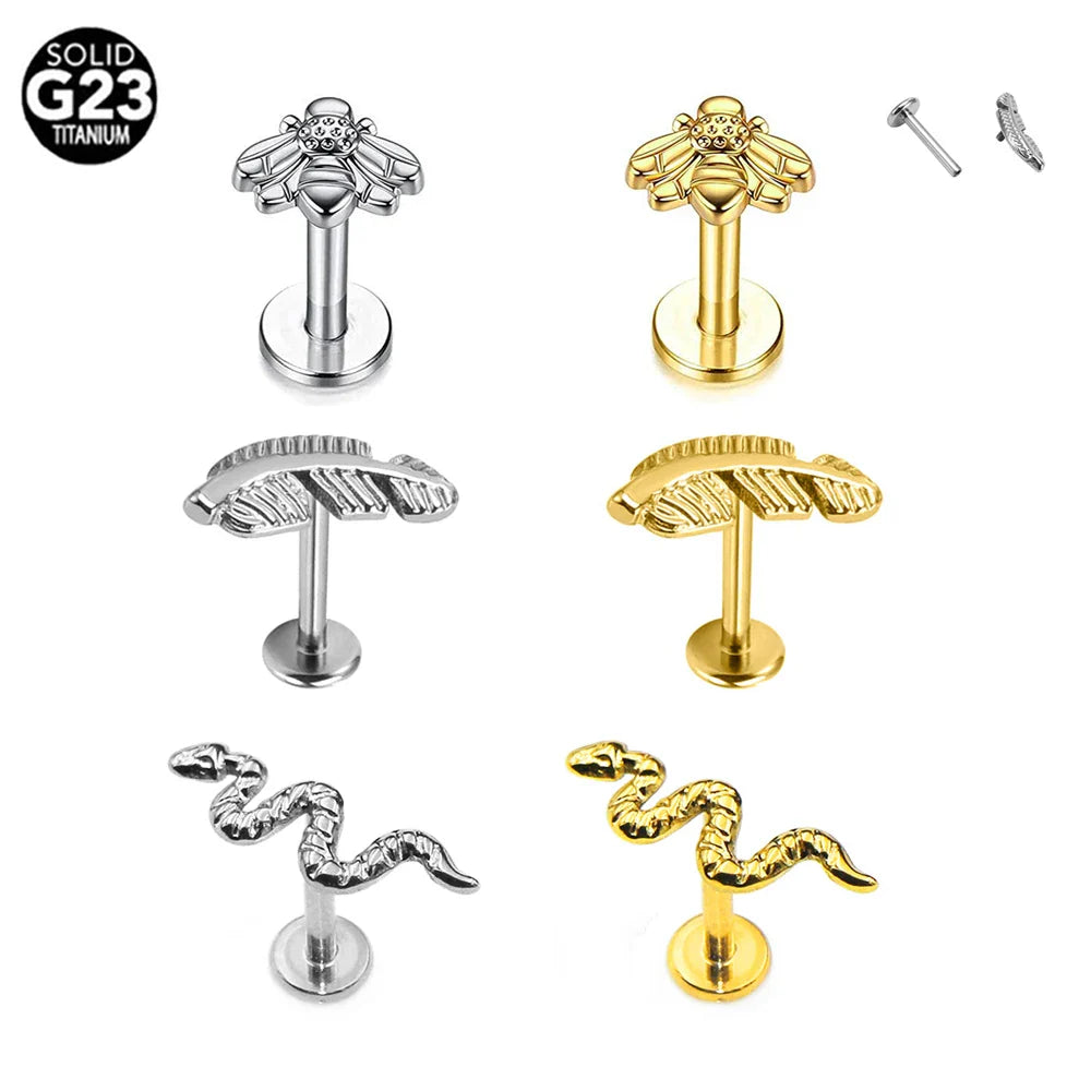 G23 Titanium Snake Bee Feather Labret Piercing 16G Internal Thread Earring Stud Cartilage Helix Body Jewelry