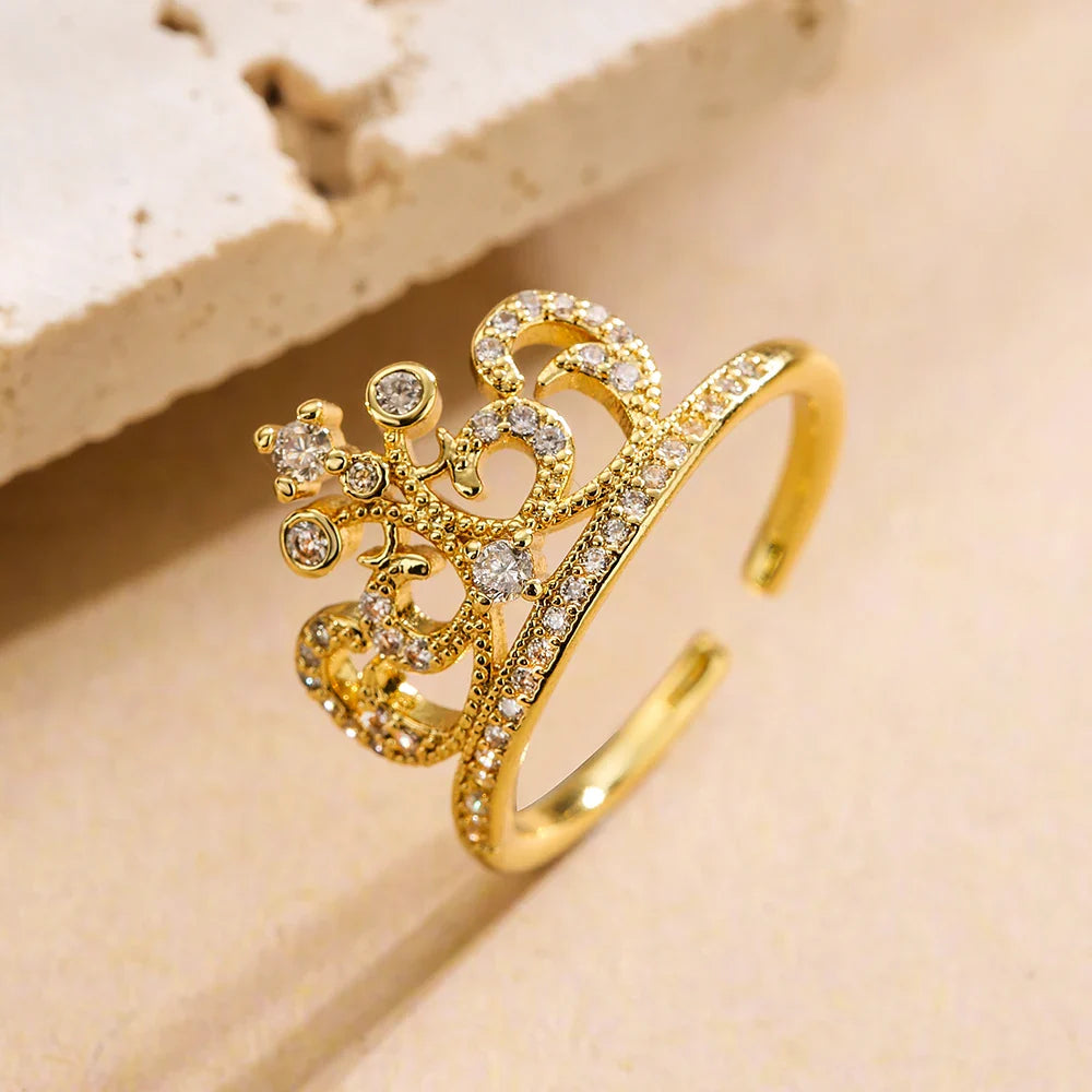 NEWBUY 2025 Trendy Gold Color Crown Charm Finger Rings Open Design Adjustable Shiny CZ Zircon Wedding Jewelry Female