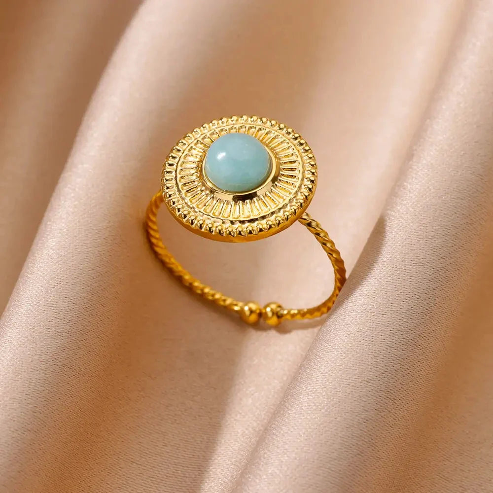 Gold Color Stainless Steel Shell Rings For Women Vintage Oval Blue Stone Adjustable Ring Fashion Party Jewelry Anniversary Gift